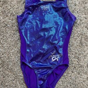 GK Elite Purple and Blue Shimmer Leotard Gymnastics rhinestones Laurie Hernandez